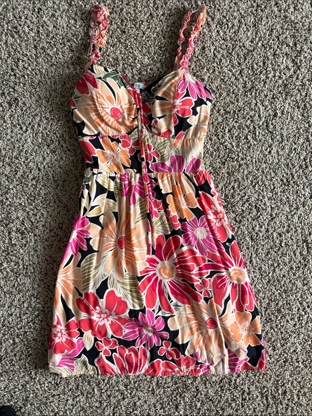 AUW Black Floral Mini Dress with Pink & Orange Blooms